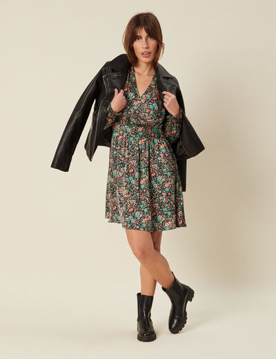 Robe taille marquée à volants noir femme