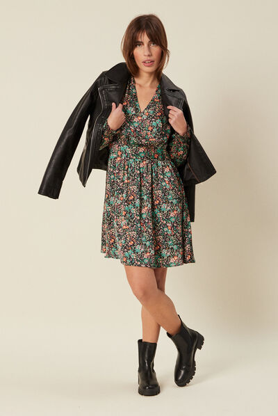 Robe taille marquée à volants noir femme