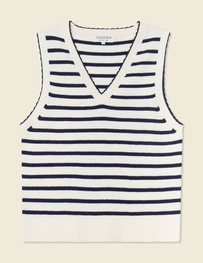 Pull sans manches col en V ecru femme