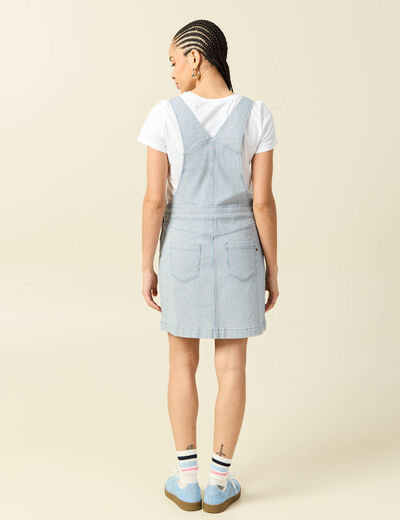 Robe en jeans &agrave; bretelles col carr&eacute; bleu marine femme