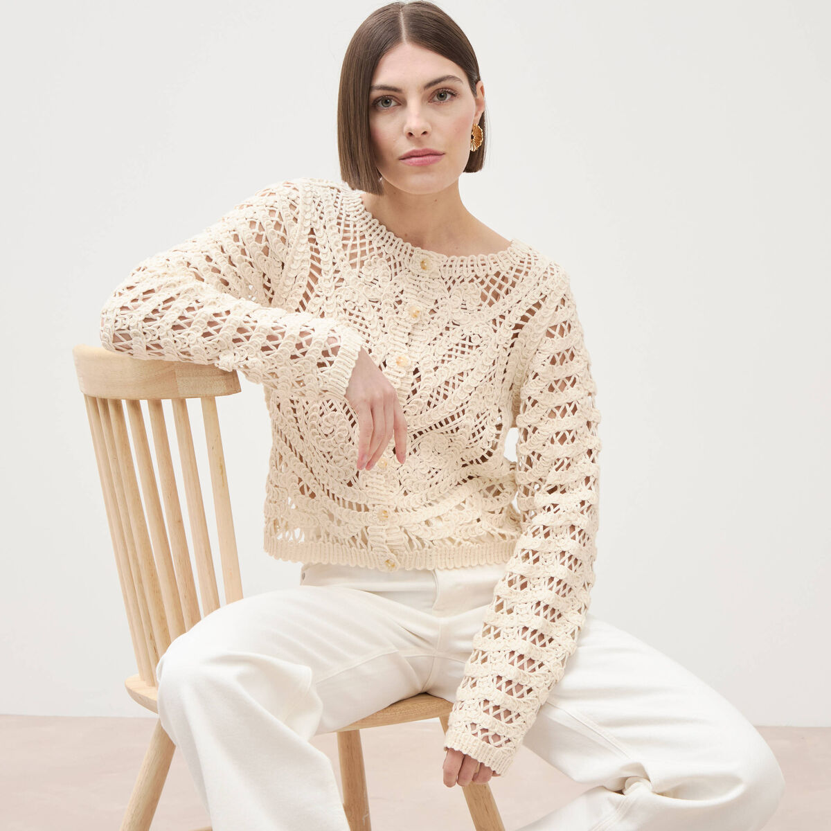 Cardigan droit court manches longues ecru femme