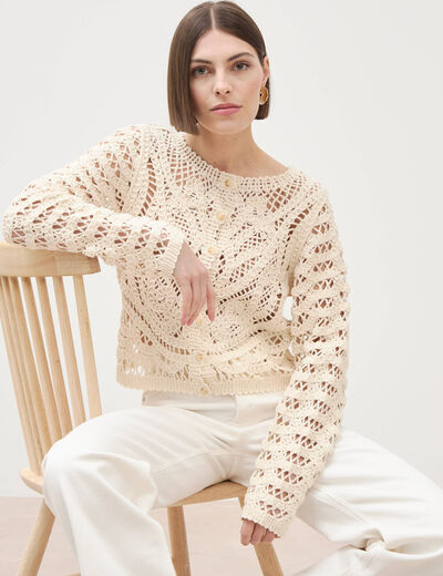 Cardigan droit court manches longues ecru femme