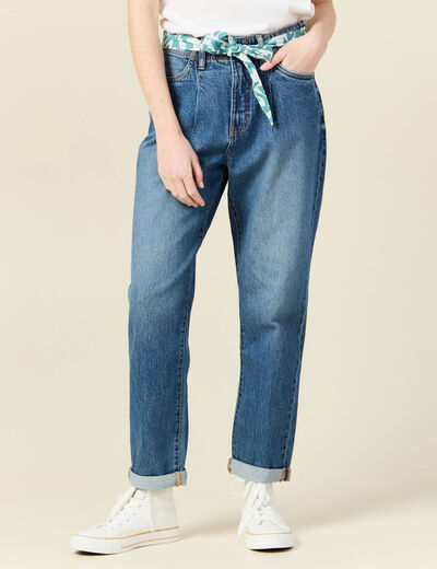 Jeans mom ceinture foulard denim stone femme