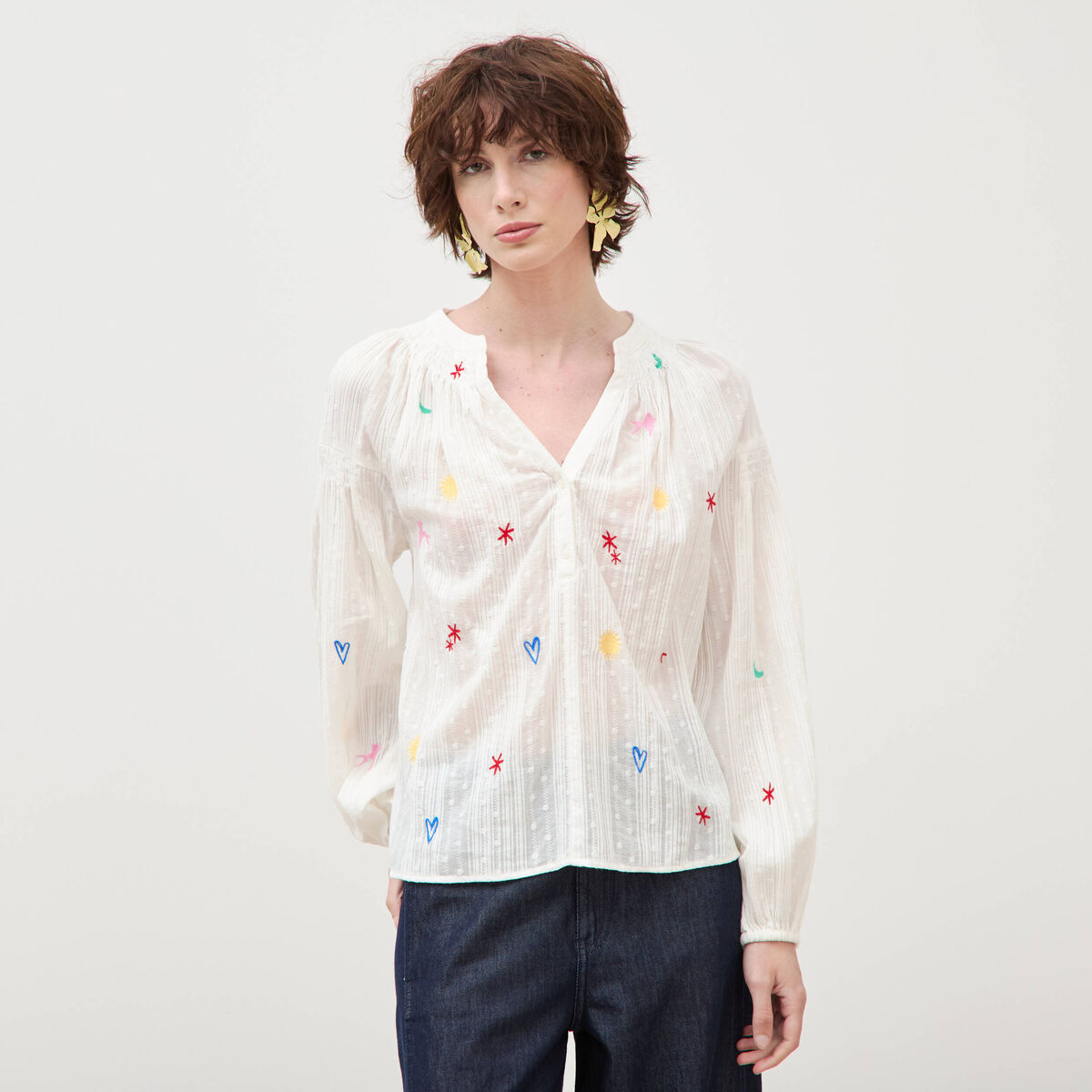 Blouse ample col mao manches longues ecru femme