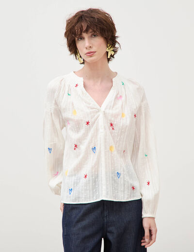 Blouse ample col mao manches longues ecru femme