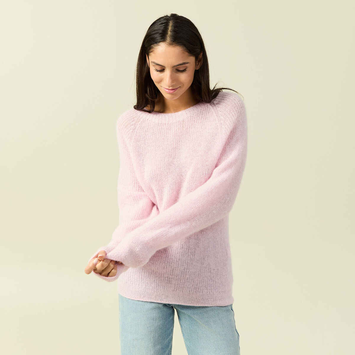 Pull manches longues col rond rose femme
