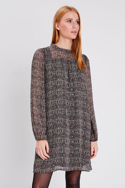 Robe évasée fluide col volants noir femme