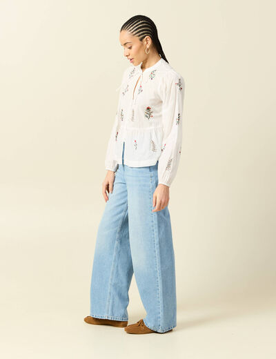 Chemise brod&eacute;e en coton manches longues ecru femme