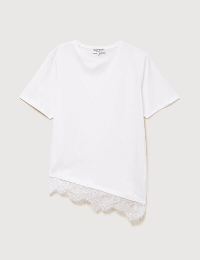 T-shirt droit col rond avec dentelle ecru femme