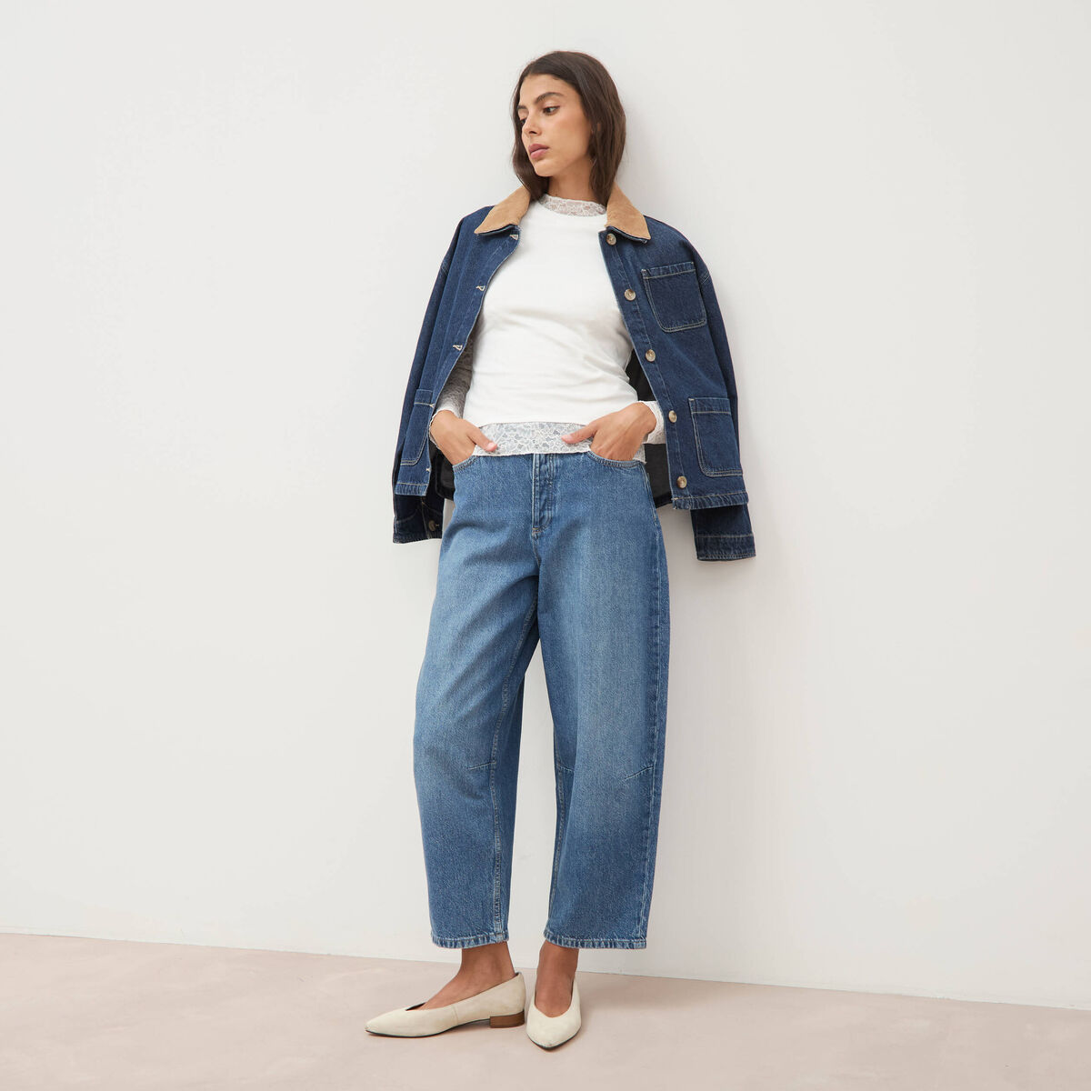 Jeans barrel 7/8&egrave;me taille standard denim used femme