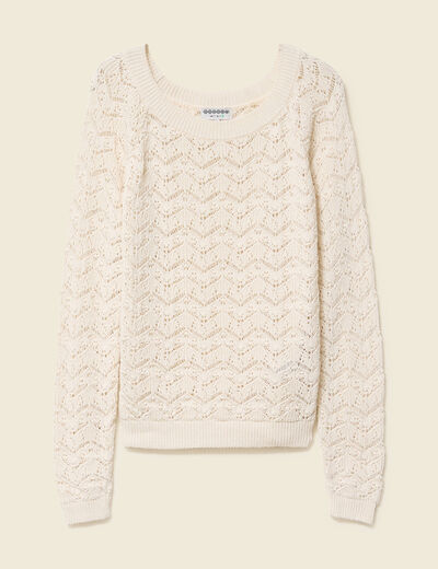 Pull ajouré col bateau manches longues ecru femme