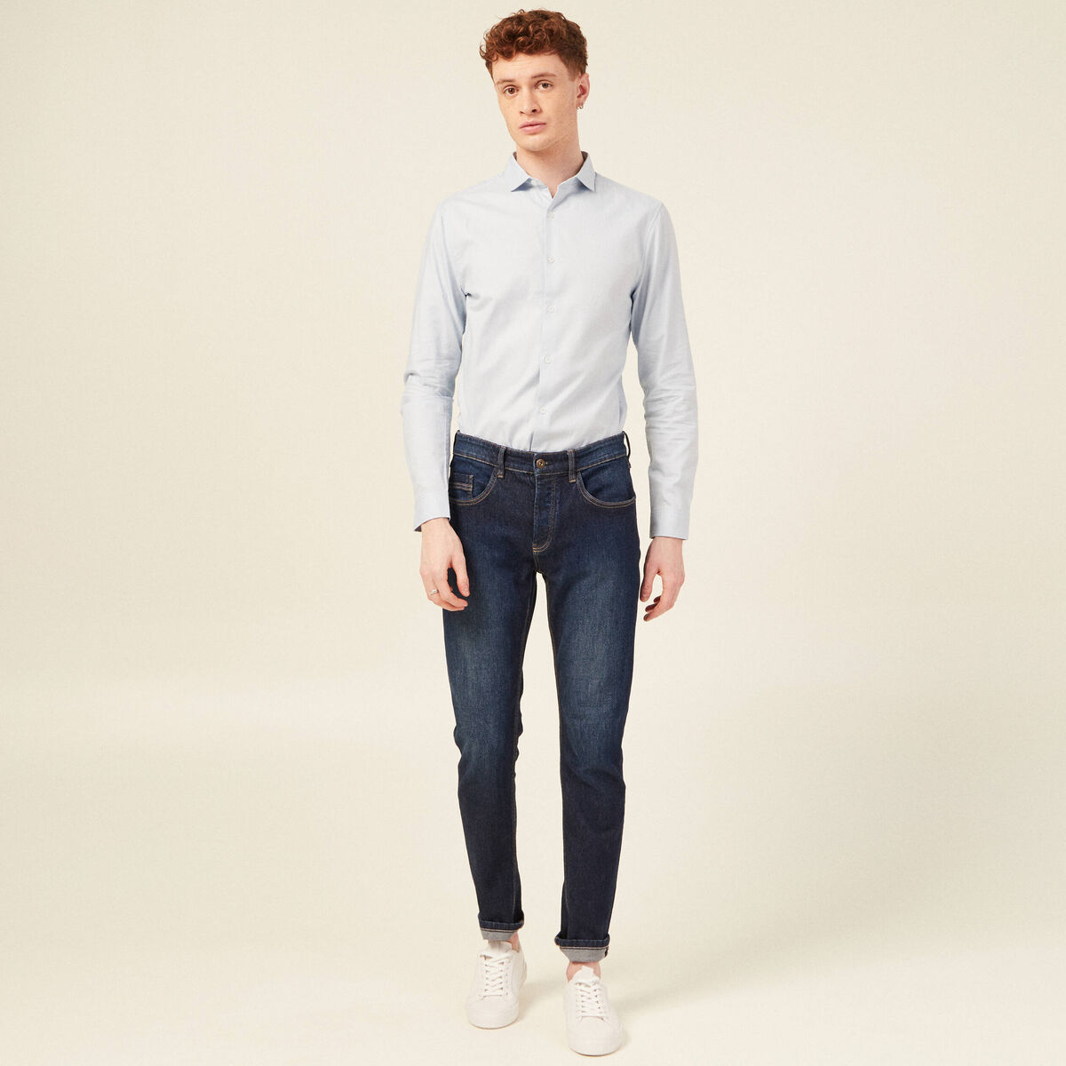 Col cintr&eacute; en coton manches longues bleu ciel homme