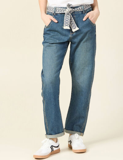 Jeans boyfriend ceinturé denim dirty femme