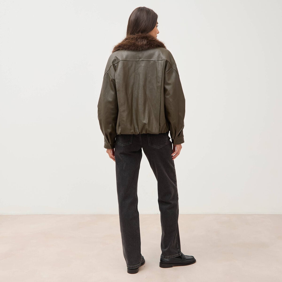 Blouson oversize manches longues vert olive femme