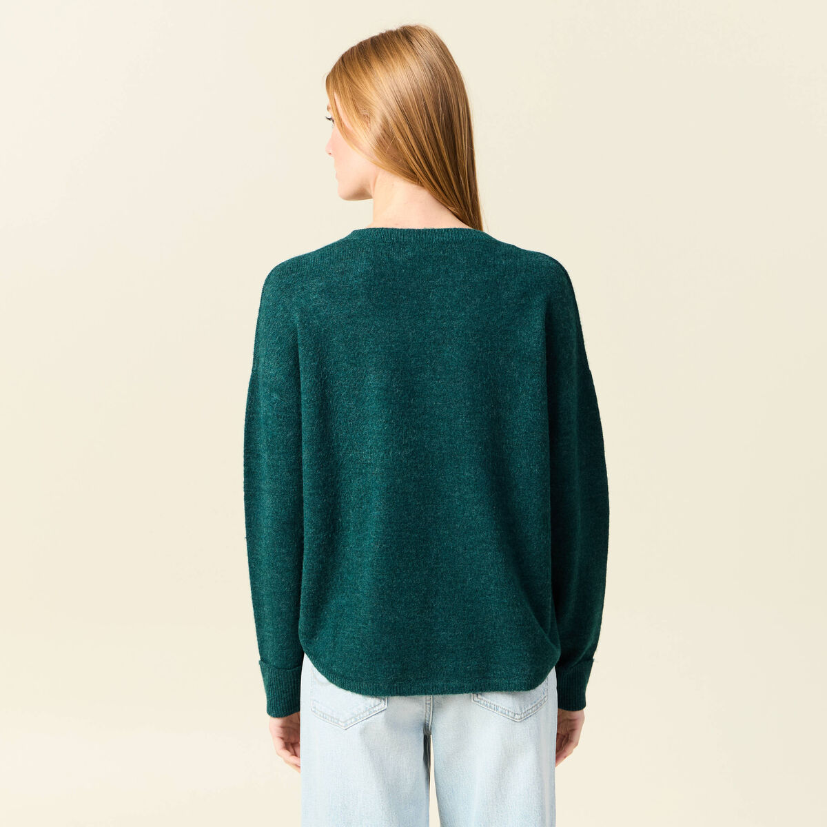 Pull manches longues col en V vert fonc&eacute; femme
