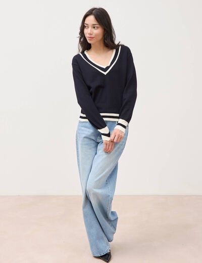 Pull manches longues bleu fonc&eacute; femme