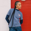 T-shirt ray&eacute; col rond manches courtes bleu electrique femme