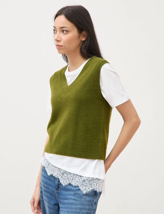 Pull sans manches col en V vert kaki femme