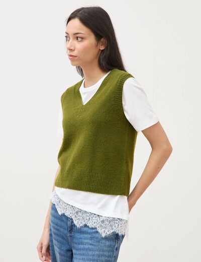 Pull sans manches col en V vert kaki femme