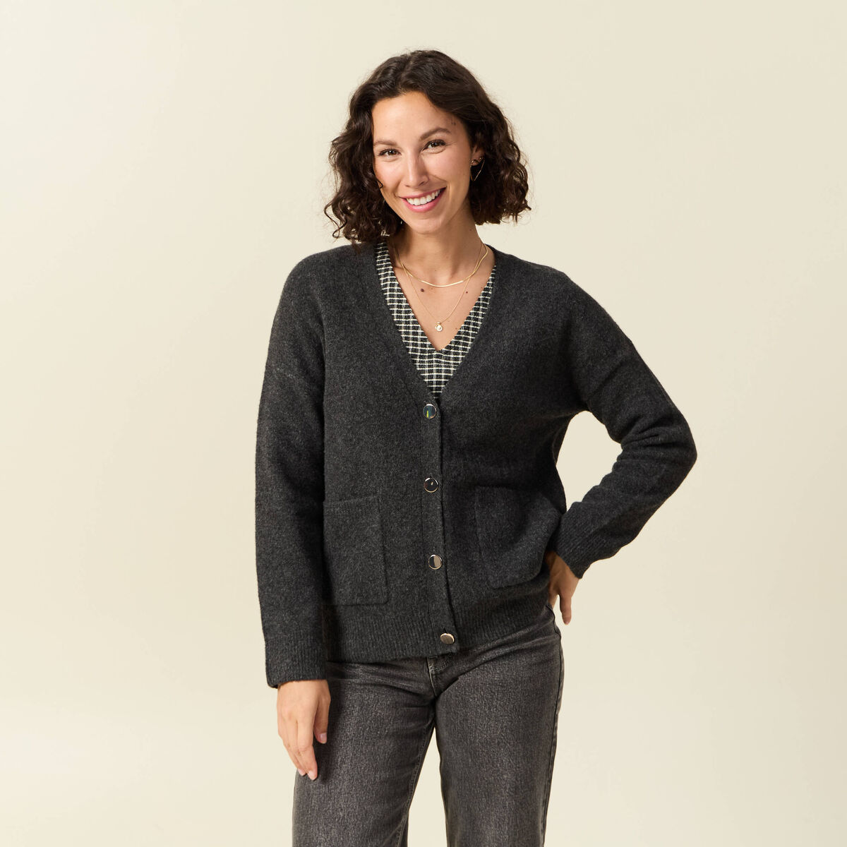 Gilet manches longues gris fonc&eacute; femme