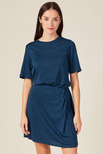 Robe moulante fils métallisés bleu canard femme