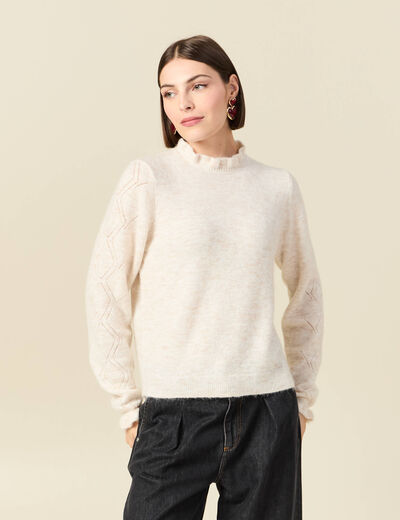 Pull col montant manches longues creme femme