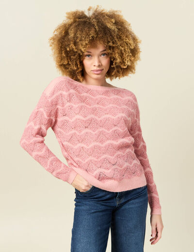 Pull manches longues ajouré rose saumon femme