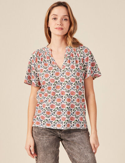 T-shirt col v manches courtes ecru femme