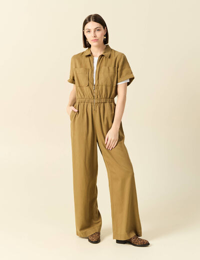 Combinaison pantalon zipp&eacute;e vert kaki femme