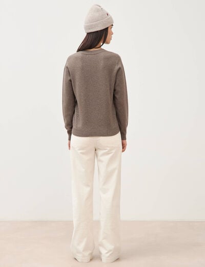 Pull droit col v manches longues taupe femme