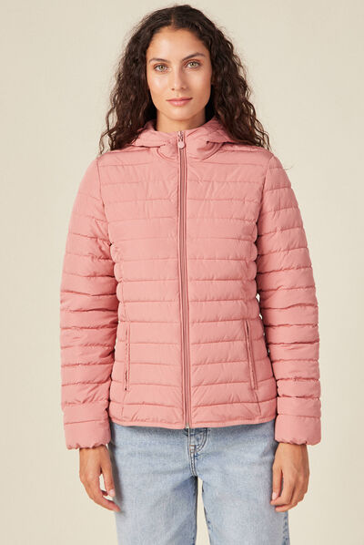 Doudoune droite à capuche rose femme