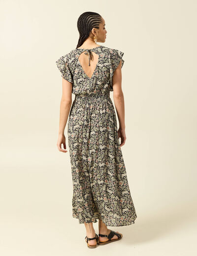Robe longue &eacute;vas&eacute;e col v manches courtes noir femme