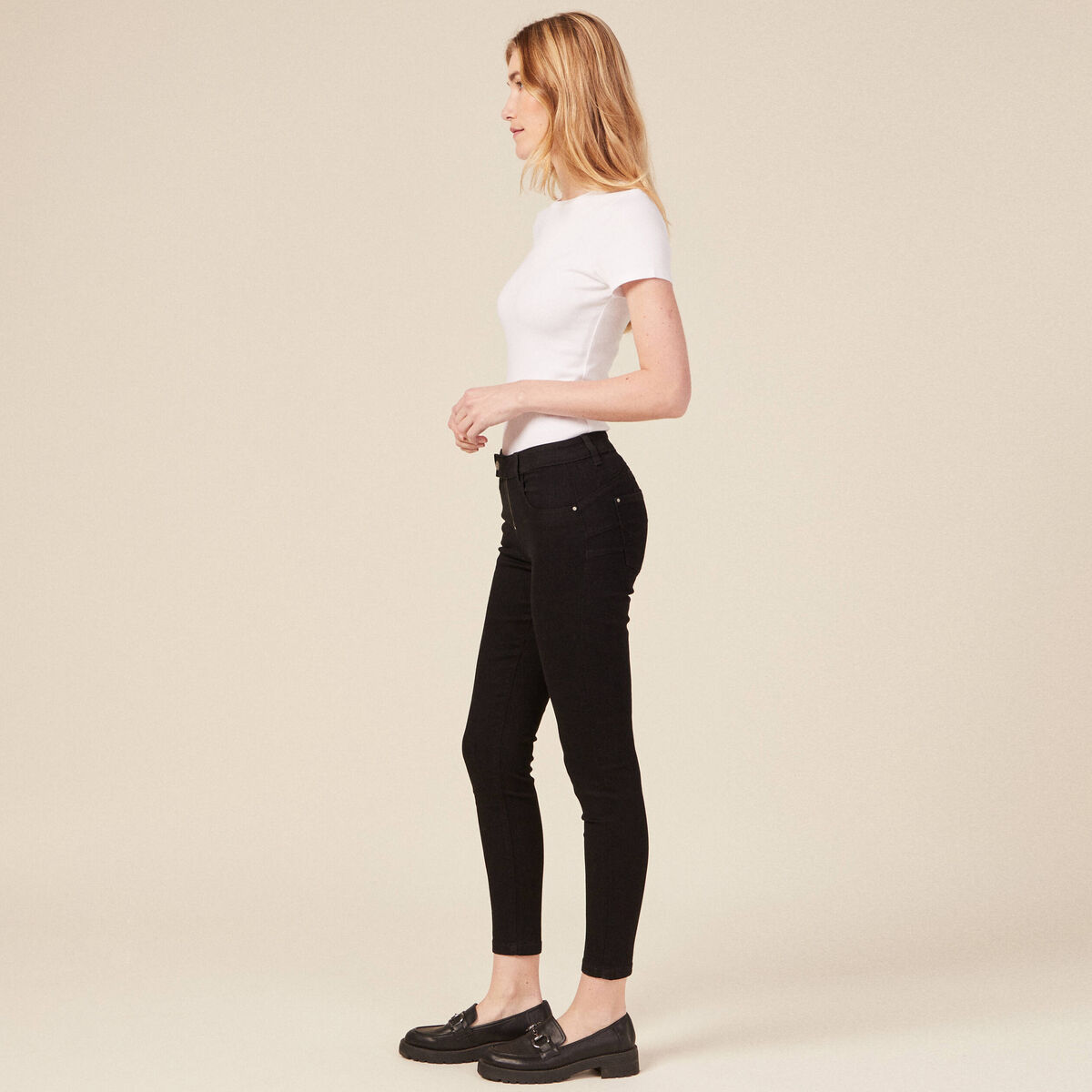 Jeans skinny zipp&eacute; denim noir femme