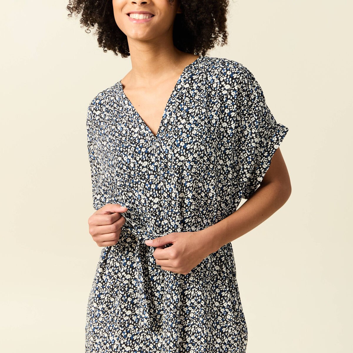 Robe droite fluide ceinturée bleu femme