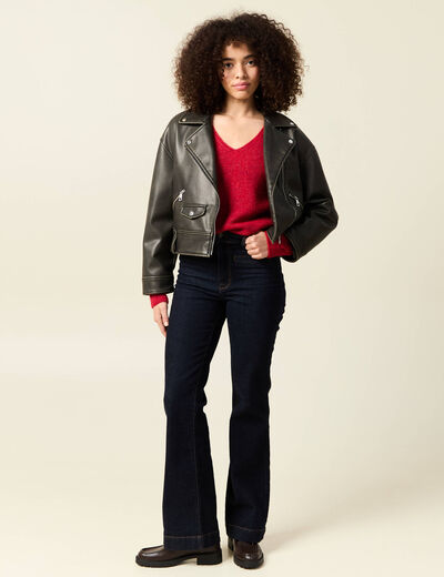 Pull ajouré col V manches longues rouge femme