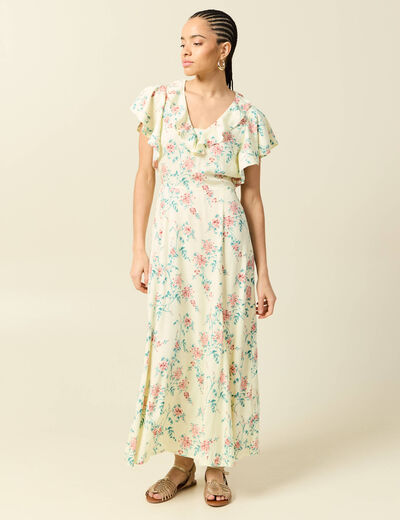 Robe longue &eacute;vas&eacute;e col v manches courtes jaune pastel femme