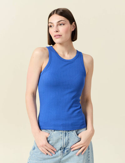 Débardeur cintré court col rond bleu electrique femme