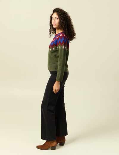 Pull col rond manches longues vert kaki femme