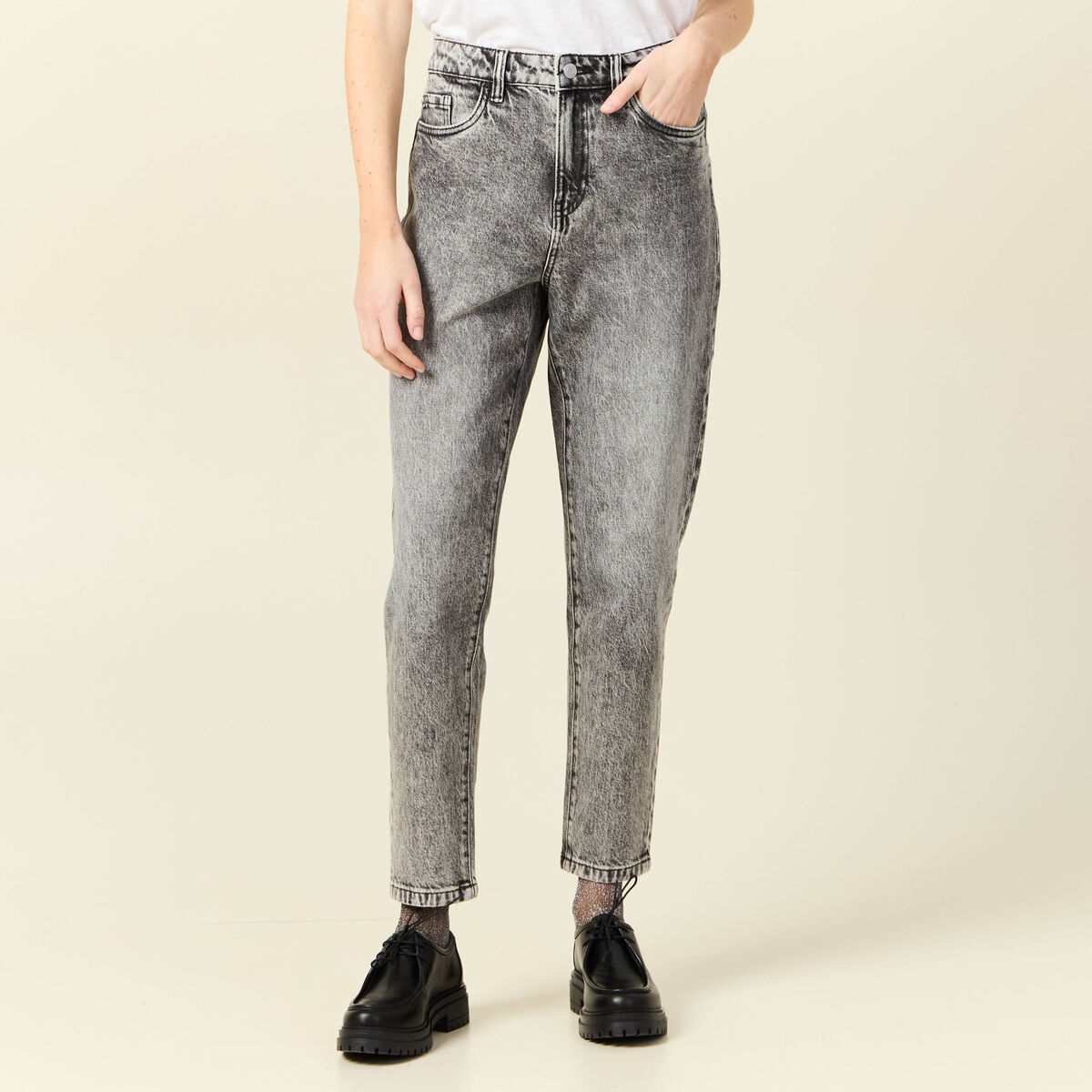 Jeans mom 7/8ème denim snow gris femme