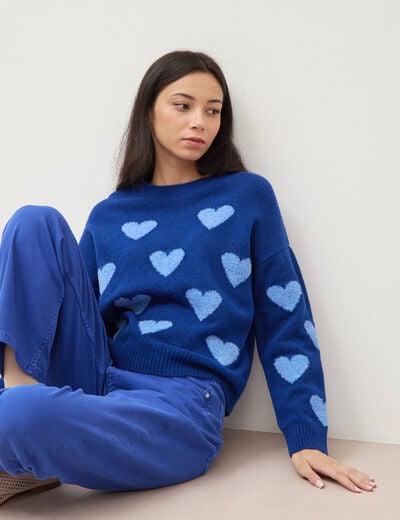 Pull manches longues bouclette col rond bleu electrique femme
