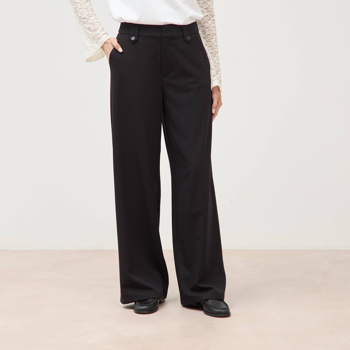 Pantalon large taille haute fluide noir femme