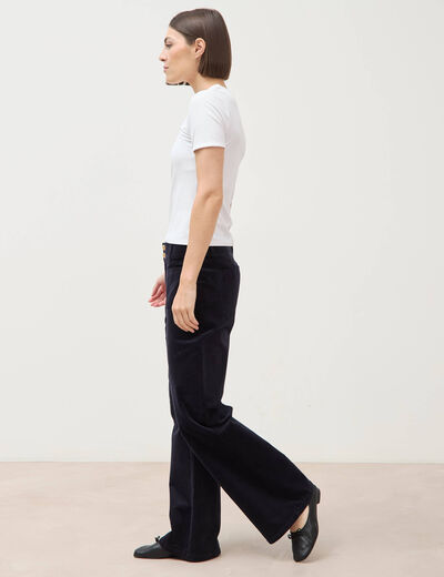 Pantalon flare taille haute en velours bleu fonc&eacute; femme