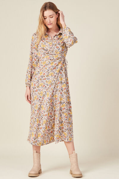 Robe longue droite drapée beige femme