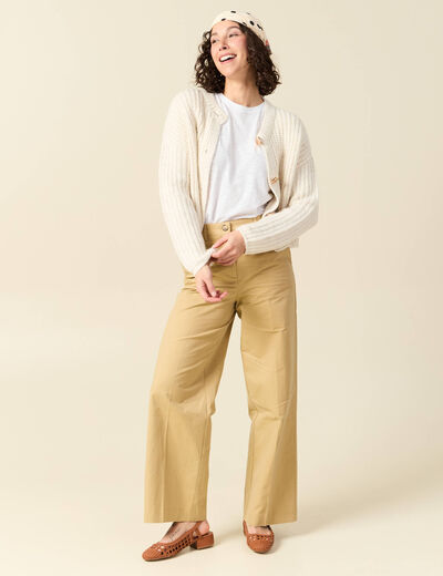 Pantalon large taille haute beige femme