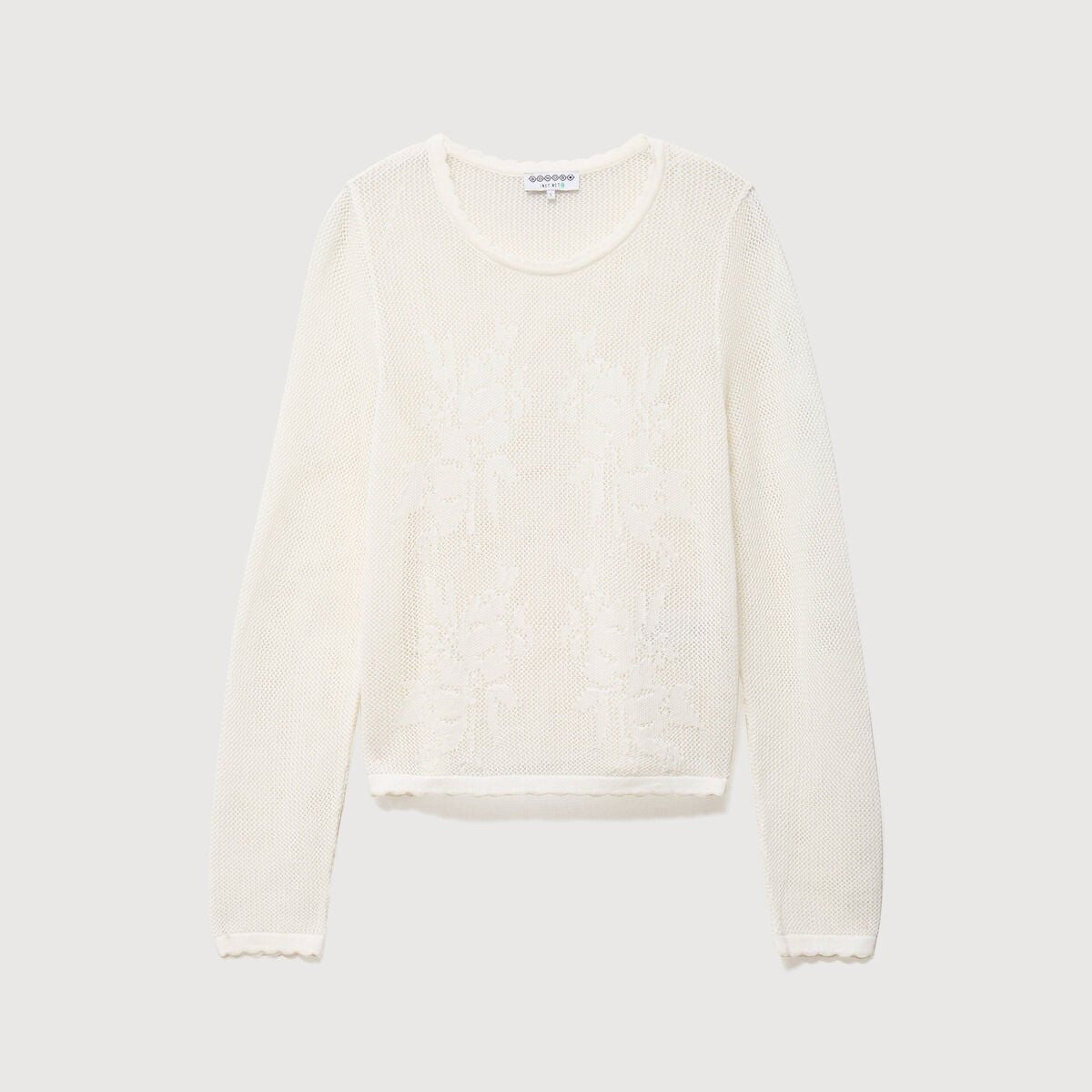 Pull ajour&eacute; col rond manches longues ecru femme