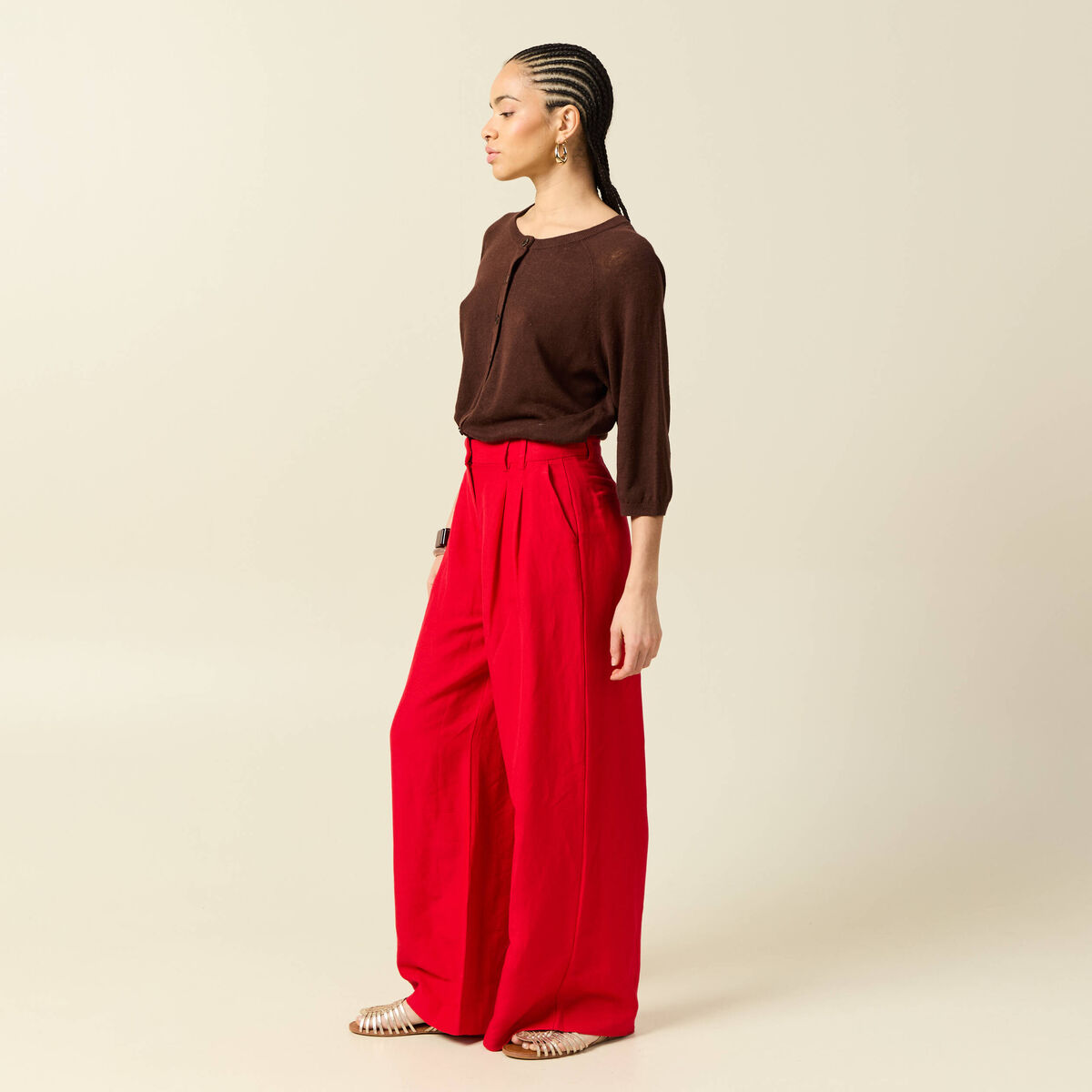 Pantalon large taille standard rouge femme