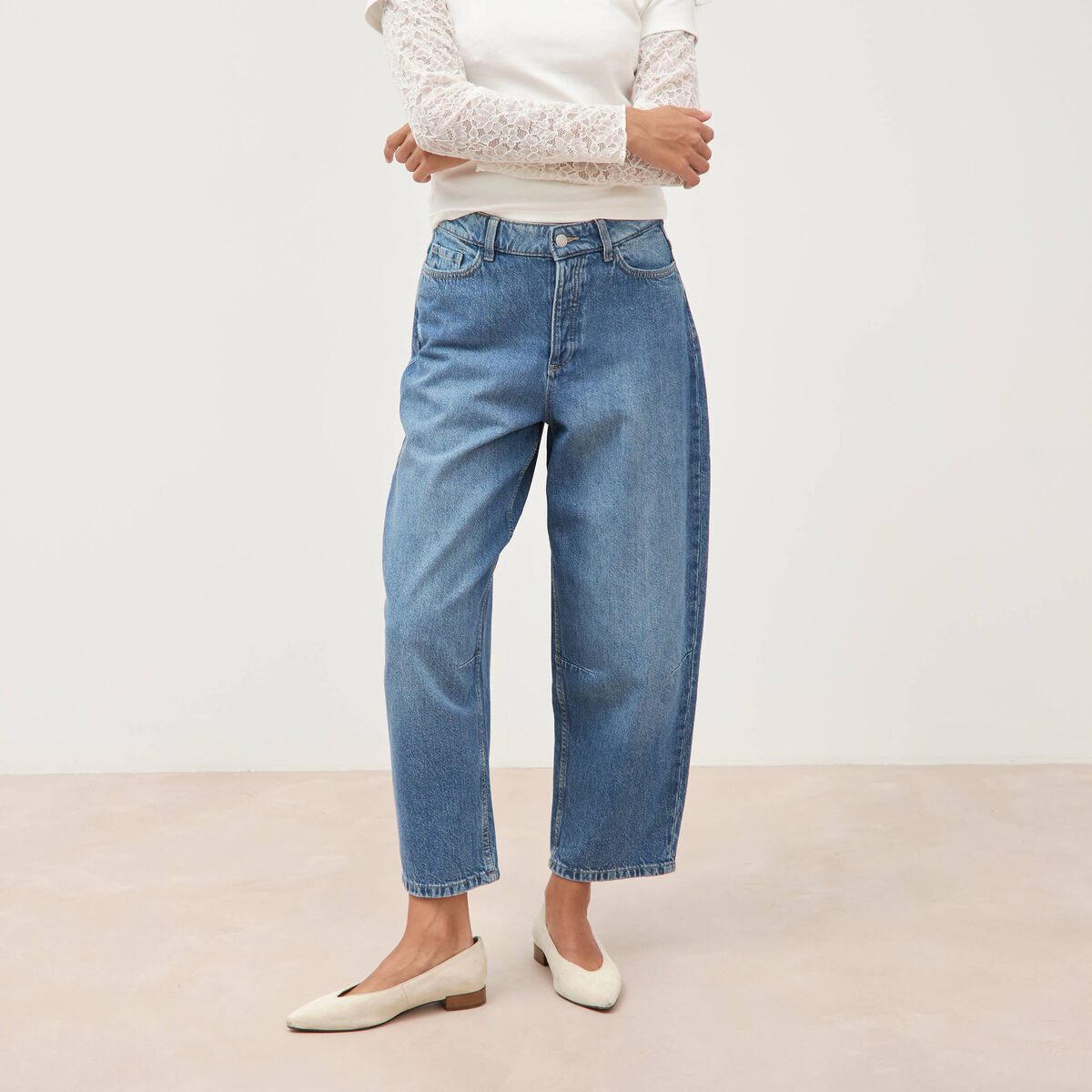 Jeans barrel 7/8&egrave;me taille standard denim used femme