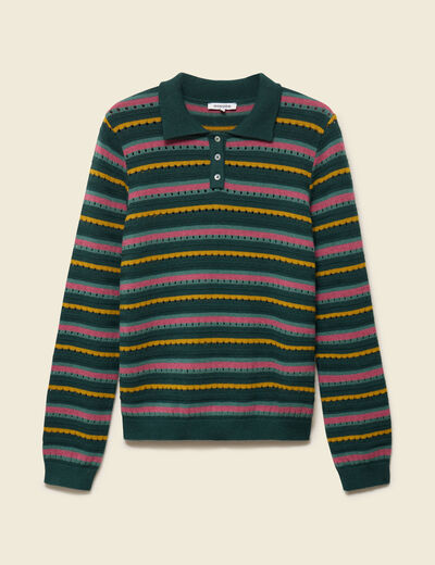 Pull col polo manches longues vert fonc&eacute; femme