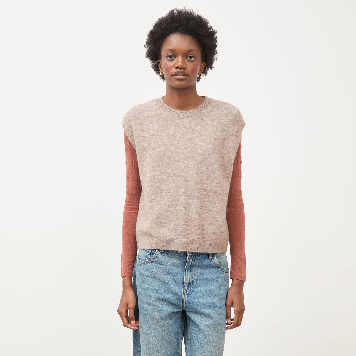 Pull droit court sans manches col rond marron clair femme