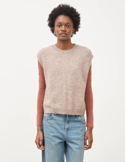 Pull droit court sans manches col rond marron clair femme